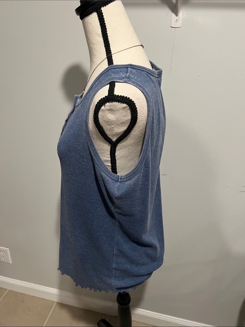 Washed Blue Ribbed Henley Tank Top - Women's Sleeveless Knit - Picture 5 of 10